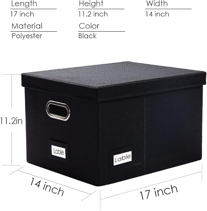 File Organizer Box - Set of 2 Collapsible Decorative Linen Filing Storage Hanging File Folders with Lids Office Cabinet Letter/Legal Size Black (17x14x11.2 inch)