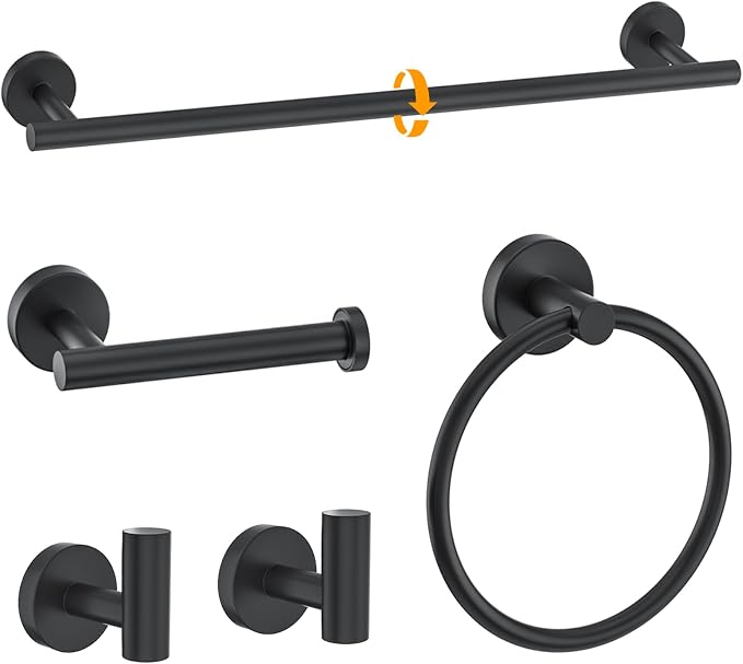 Matte Black Towel Bar Set 5-Piece Bathroom Hardware Accessories Set Includes 23.6in Towel Bar-Round Towel Ring-Toilet Paper Holder-Towel Hooks Stainless Steel Wall Mount Bathroom Towel Holder Set