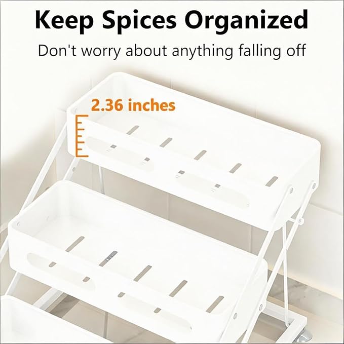 Ceetug 3 Tier Foldable Spice Rack, White | Iron, For Countertop, Kitchen Seasoning Organizer, For Cabinet