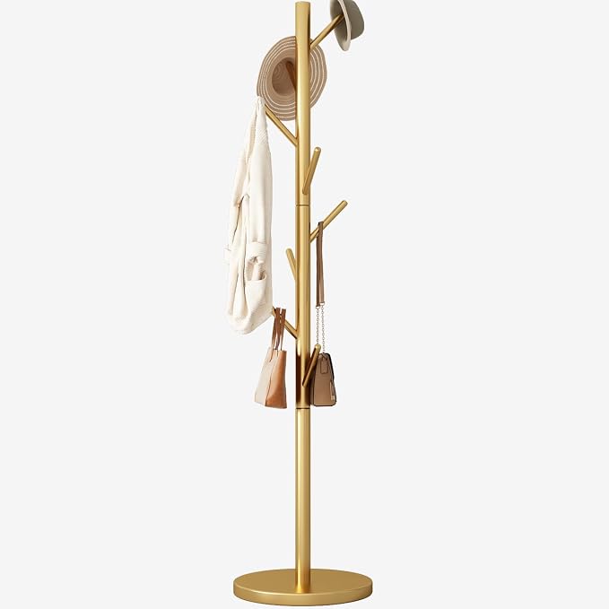 Coat Rack Freestanding Metal Coat Rack Stand with 8 Hooks,Gold | Sturdy Heavy Duty Modern Coats Tree for Bags Clothes Hall Tree Hats Hanger Holder Stand for Entryway Bedroom Hallway Office