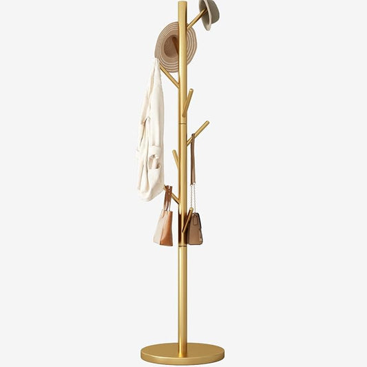 Coat Rack Freestanding Metal Coat Rack Stand with 8 Hooks,Gold | Sturdy Heavy Duty Modern Coats Tree for Bags Clothes Hall Tree Hats Hanger Holder Stand for Entryway Bedroom Hallway Office