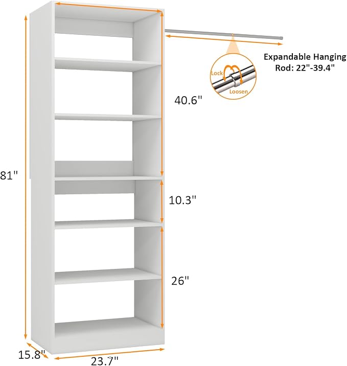 Closet system with 15-Height Adjustable Storage Shelves, Wood Closet Organizer Sytem, Closet Shelving System for Shoe Organization, Heavy Duty Walk in Closet Tower, 23.7" W x 14.8" D x 81" H, White
