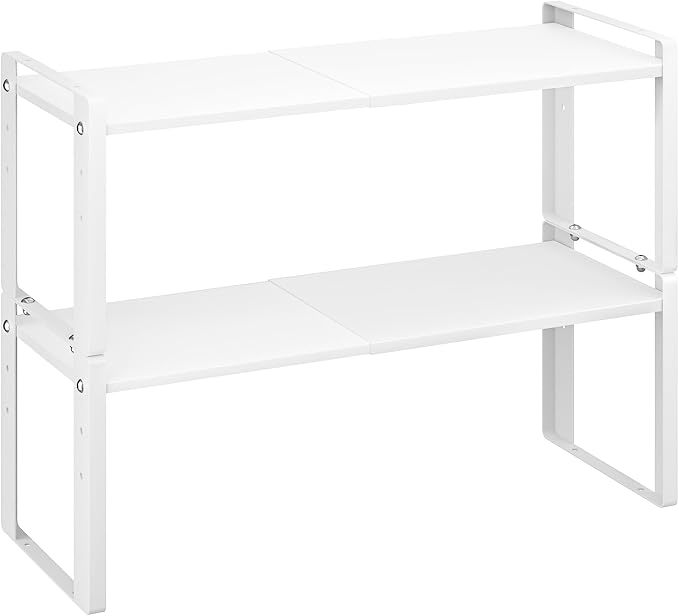 2 Pack Expandable Cabinet Organizer Shelves, 88lbs High Weight Capacity, Stackable Heavy-Duty Metal Storage Rack, Adjustable Cabinet Shelf for Kitchen, Pantry, Cupboard, Under Sink, White