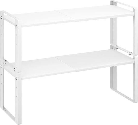 2 Pack Expandable Cabinet Organizer Shelves, 88lbs High Weight Capacity, Stackable Heavy-Duty Metal Storage Rack, Adjustable Cabinet Shelf for Kitchen, Pantry, Cupboard, Under Sink, White