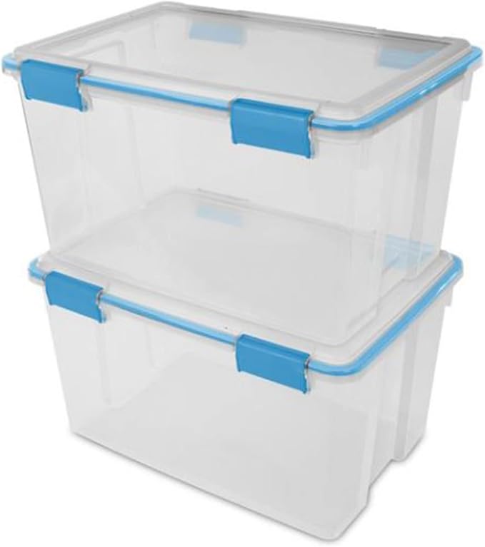 Sterilite 54 Qt Gasket Box, Stackable Storage Bin with Latching Lid and Tight Seal, Plastic Container to Organize Basement, Clear Base and Lid, 1-Pack