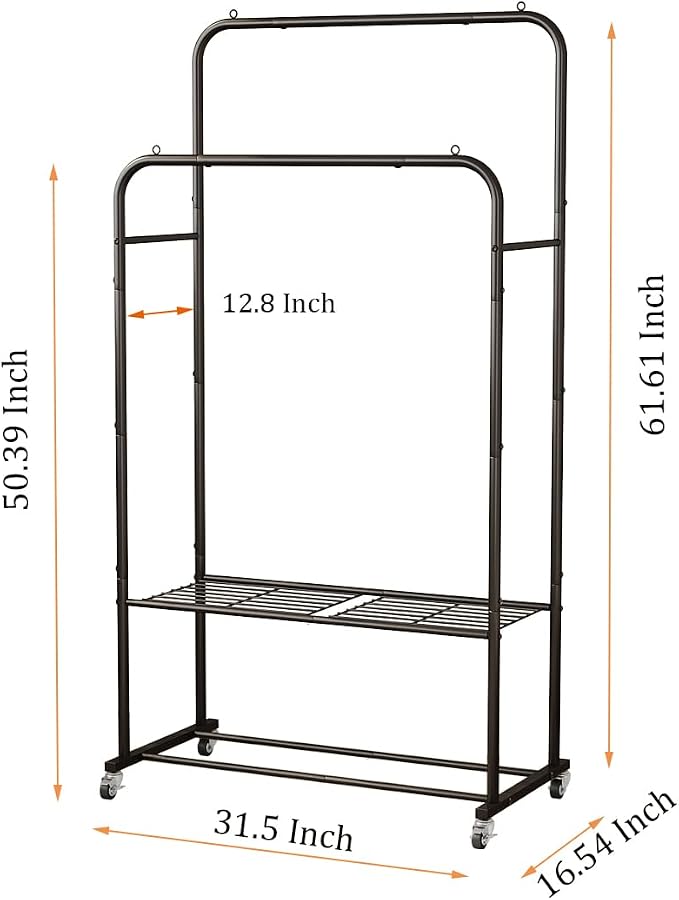 SUOERNUO Clothes Rack with Lockable Wheels Double Rods Metal Garment Racks | Portable Heavy-Duty Clothing Rack, Rolling Clothes Shelves for Bedroom Laundry Living Room, Black