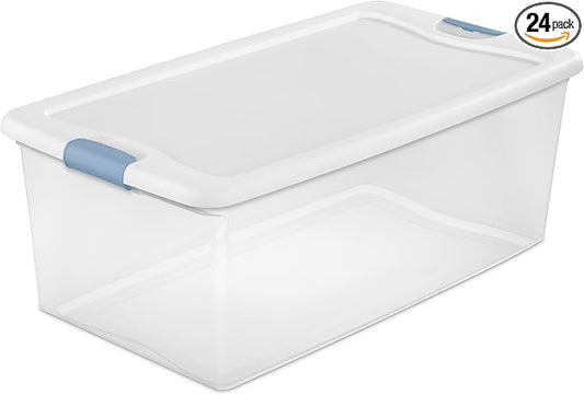 Sterilite Latching Box with Lids for Home and Office, 106 Quart, 24-Pack | Heavy-Duty and Stackable Plastic Containers with Latches for Closet, Cabinet, Bedroom, Bathroom and Dorm Room Organization