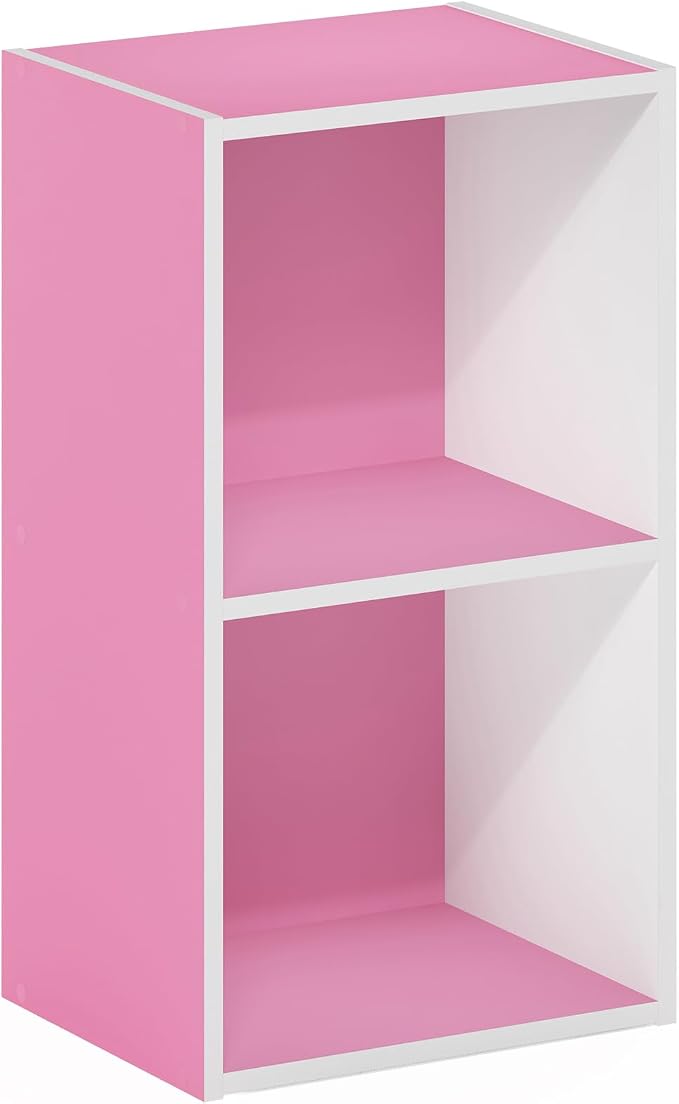 Furinno PASIR Book Shelf, 2-Tier Modern Bookshelf, Open Shelves Bookcase 9 x 12 x 21, Easy Assembly, for Living Room, Bedroom, Home Office, Pink/White