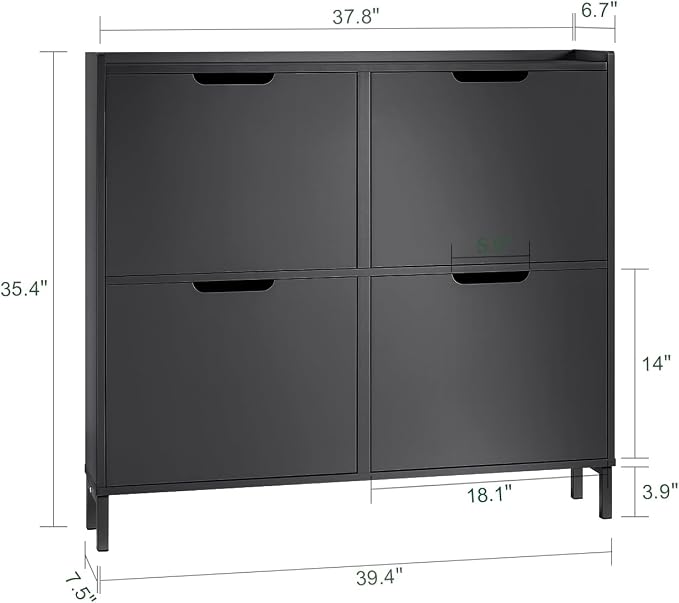 Haotian Ultra Thin Shoe Cabinet with 4 Flip-Drawers | Narrow Enclosed Shoe Rack, Slim Shoe Storage Organzier Entryway, Black, FSR100-SCH