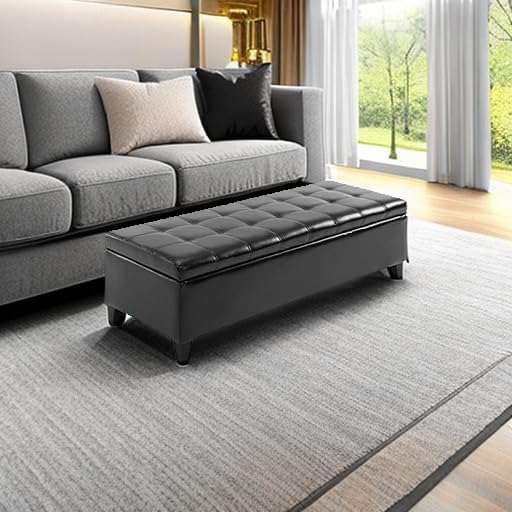 HOMCOM 51" Ottoman Storage Bench Faux Leather Storage Chest Black | Lift Top, Tufted Ottoman, Living Room, Entryway