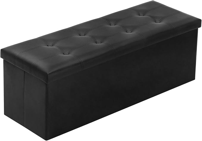 YOUDENOVA 43" Ottoman with Storage, Folding Faux Leather Bench, Black | Foldable ottoman with hidden storage, padded faux leather seat and sturdy MDF frame for everyday use.