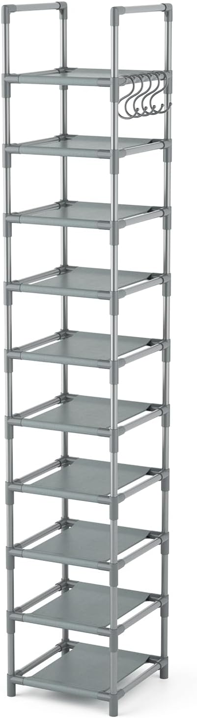 LANTEFUL Narrow Shoe Rack 10-Tier Tall Shoe Organizer Skinny Shoe Shelf Storage for 10-15 Pairs Shoe and Boot, Space Saving Corner Shoe Rack Organizer for Closet, Entryway, Living Room, Grey