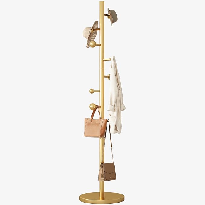 Coat Rack Freestanding Coat Tree with 8 Hooks Coat Hanger Stand,Gold | Heavy Duty Metal Coats Rack Stand for Jacket Hat Clothes Bag Stainless Steel Hall Tree Hat Racks for Entryway Bedroom Hallway