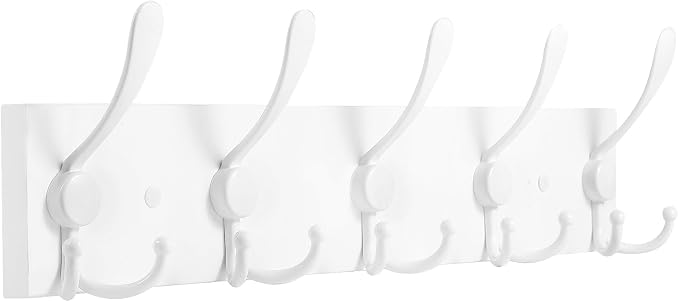 Kuhome Coat Rack Wall Mount Coat Hooks Wooden Hat Rack for Wall Hooks Pine Real Wood Plank 16.9" White Coat Hanger with 5 White Triple Hooks for Hanging Coat Hat Jacket