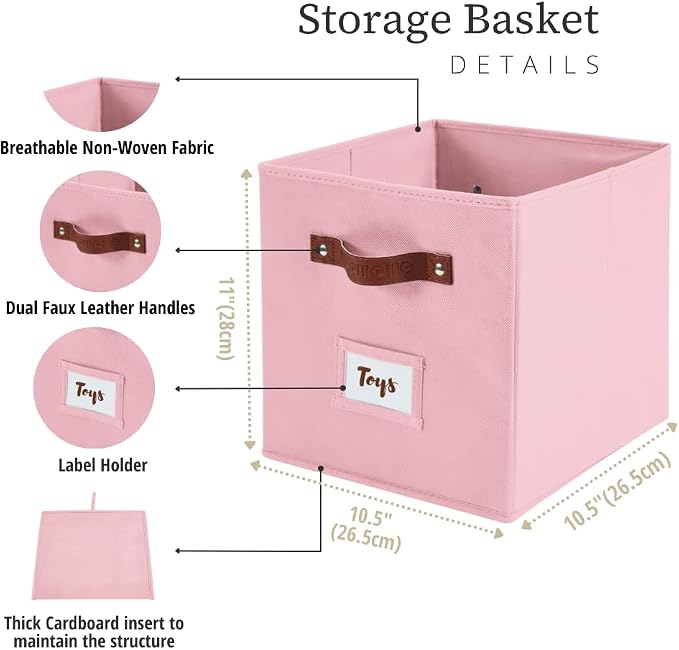 DECOMOMO Storage Bins, Cube Storage Bin with Labels | 10.5" x 11" Fabric Storage Cubes for Shelves (6pcs, Pink)