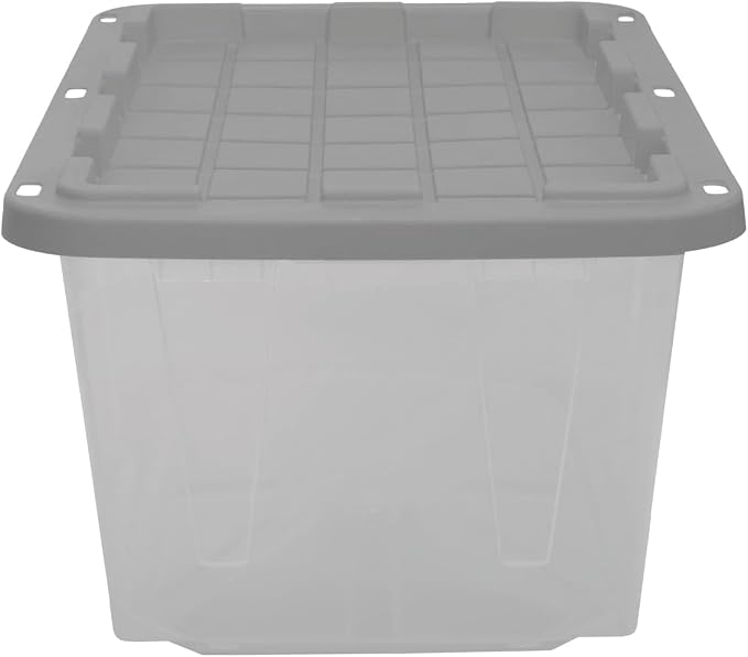 CX 27-Gallon Heavy Duty Clear Stackable Storage Bins with Lids, 2 Pack | Clear plastic totes for garage organization, Stackable, weather-resistant, snap lids, 14.3H x 20.6W x 30.6D, Clear/gray