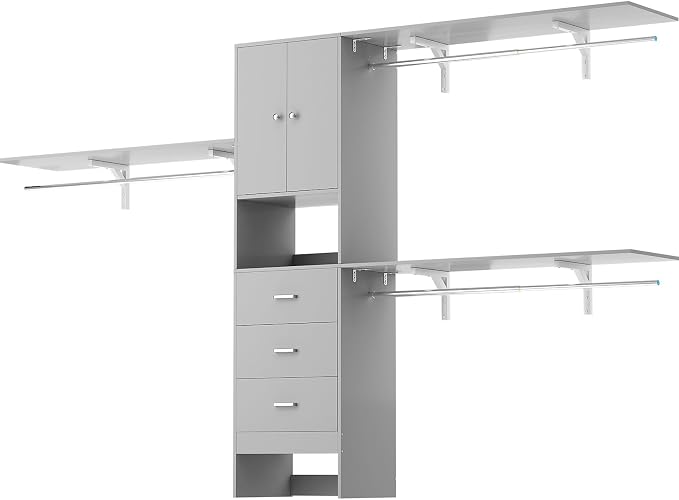 120 Inches Closet System With Doors, 10FT Walk In Closet Organizer with 3 Shelving Towers, Heavy Duty Clothes Rack with 3 Drawers, Built-In Garment Rack, Max Load 1300 LBS, Grey