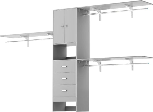 120 Inches Closet System With Doors, 10FT Walk In Closet Organizer with 3 Shelving Towers, Heavy Duty Clothes Rack with 3 Drawers, Built-In Garment Rack, Max Load 1300 LBS, Grey