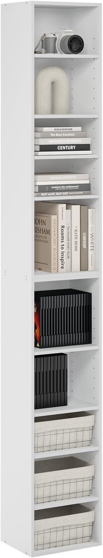Furinno PASIR Book Shelf, 10-Tier Bookshelf, Bookcase with Open Shelf, 9.2 x 11.8 x 78.7, for Living Room, Bedroom, Home Office, White