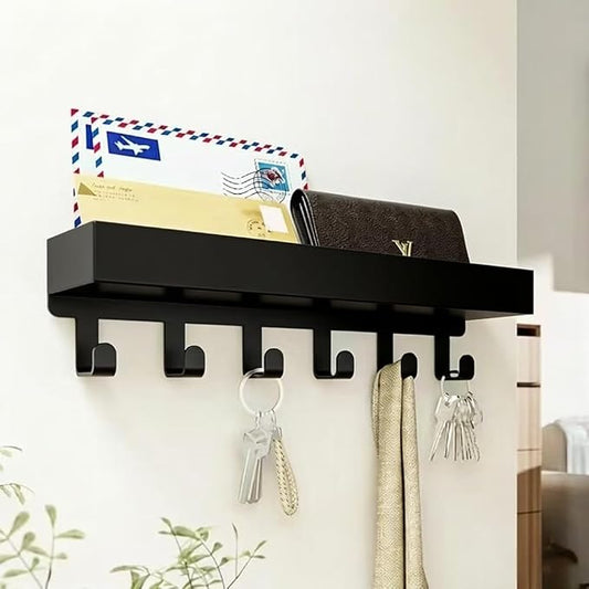 Wall Mount Key Holder with Shelf - Decorative Mail Organizer and Key Hooks for Entryway, Paulownia Wood with Mounting Hardware (9.64”W x 2.36”H x 2.75”L)