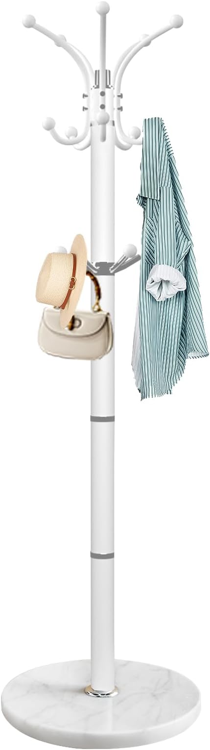 ZOZOE Metal Coat Rack Stand, Modern Coat Rack Freestanding with Natural Marble Base, 360° Rotary Design Coat Racks with 14 Hooks,White Coat Tree Hanger Stand for Bags,Hats,Entryway,Office