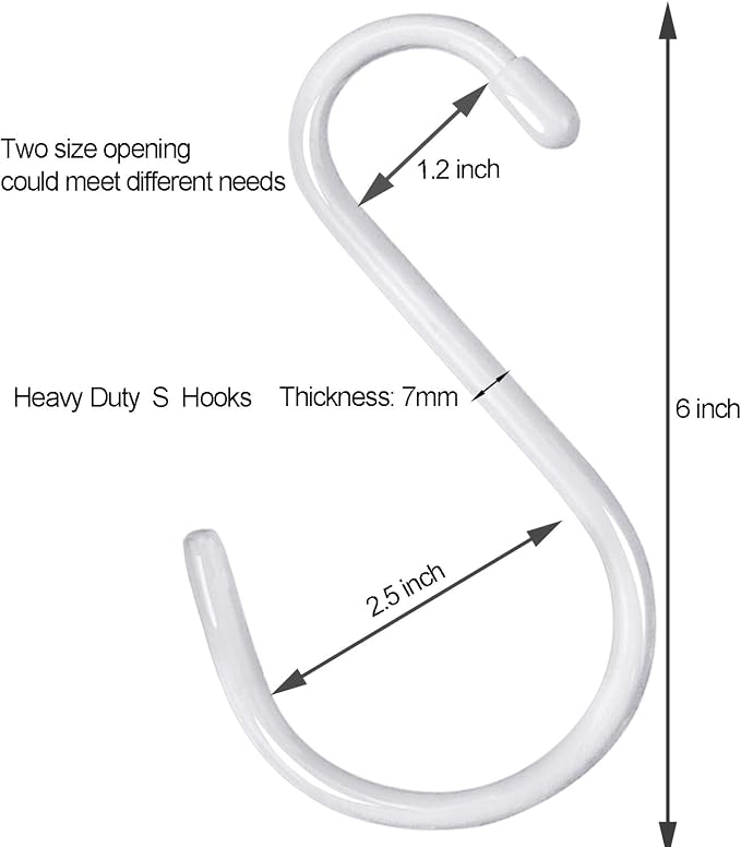 DINGEE 6 inch Non Slip Rubber Coated White S Hook Heavy Duty,6 Pack Large Vinyl Coated S Hooks, Metal S Shaped Hanger Hooks for Hanging Plants Outdoor,Closet Rod,Jeans, Pot Pan Cups Towels Hats