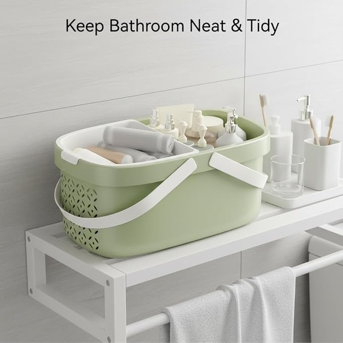 Pulseplay Plastic Organizer Storage Basket with Handles Portable Large Capacity Shower Caddy Basket with Drainage Holes for Bathroom Living Room College Dorm Room (Green)