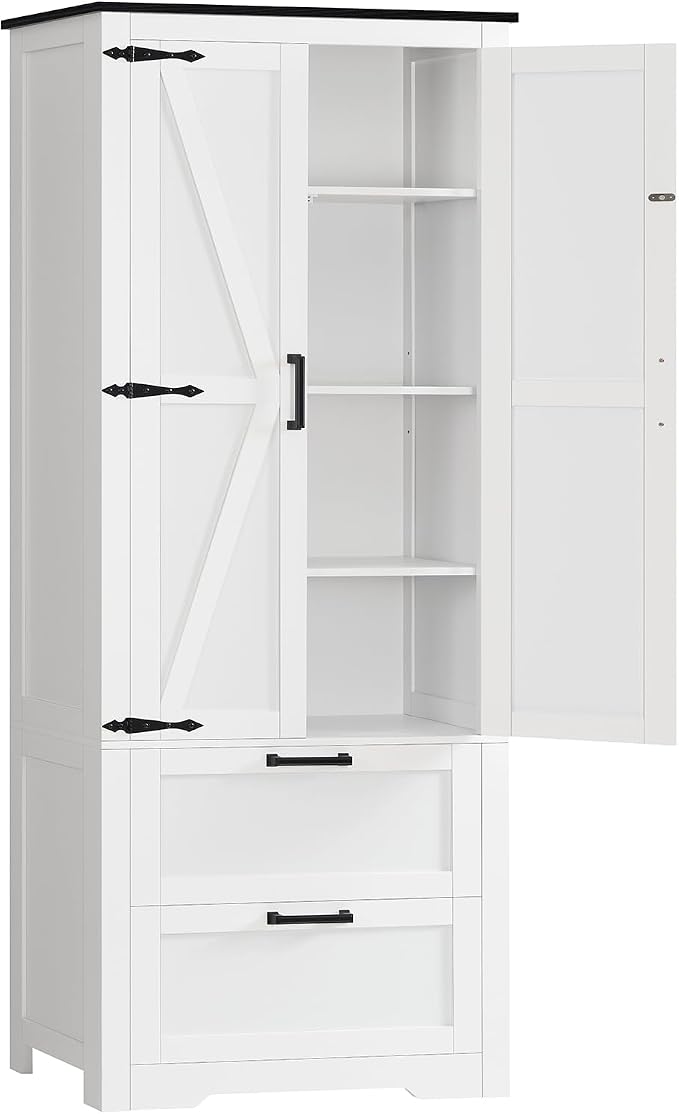 TEENFON 66.1" H Storage Cabinet with 2 Drawers, Farmhouse Kitchen Pantry Cabinet with 2 Doors & Adjustable Shelf, Bathroom Cabinet, for Living Room, Kitchen, Bathroom, White