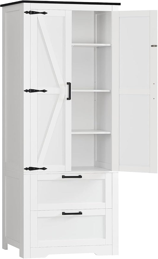 TEENFON 66.1" H Storage Cabinet with 2 Drawers, Farmhouse Kitchen Pantry Cabinet with 2 Doors & Adjustable Shelf, Bathroom Cabinet, for Living Room, Kitchen, Bathroom, White