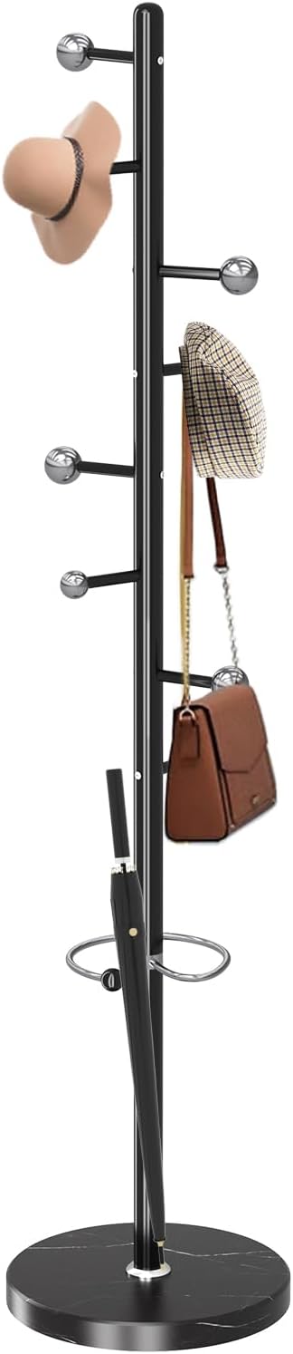 Coat Rack Stand, Black Metal Coat Rack Freestanding with 8 Hooks | Modern Coat Rack with Natural Marble Base,Modern Coat Hanger Stand, 3 Adjustable Coat Clothes Tree Stand for Office
