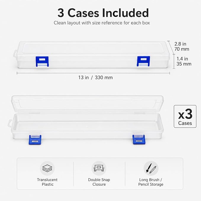 QWORK Translucent Plastic Paint Brush Holder 13" Long (33x7x3.5cm) – Clear Storage Box with Snap Closure for Art Supplies, Watercolor Pens & Drawing Tools Organizer