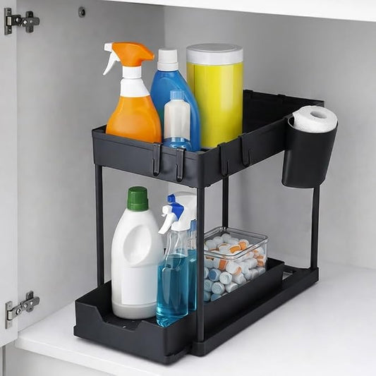 Undersink Organizer, 2-Tier Under Sink Storage Rack with Sliding Drawers for Kitchen Bathroom Cabinets, Pull Out Organizer for Pantry, Laundry Room & Closet Organization - 1 Pack, Black