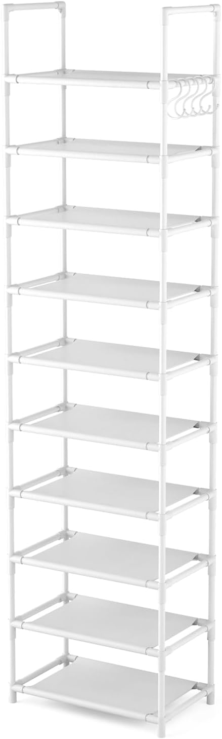 LANTEFUL 10 Tiers Tall Shoe Rack 20-25 Pairs Boots Organizer Storage Sturdy Narrow Shoe Shelf for Entryway, Closets with Hooks, White