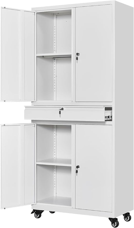 White Metal Storage Cabinet with Wheels, 73" Tall Garage Rolling Storage Cabinets with Doors and Shelves, Lockable Tool Caninet Steel Locking Cabnets for Home Office, Garage, Pantry