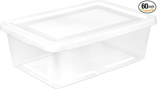 Sterilite Storage Box Stackable Tote, White, 12 Quart, 60 Pack | Clear Plastic Container with Secure Snapping Lids for Home and Office Organization