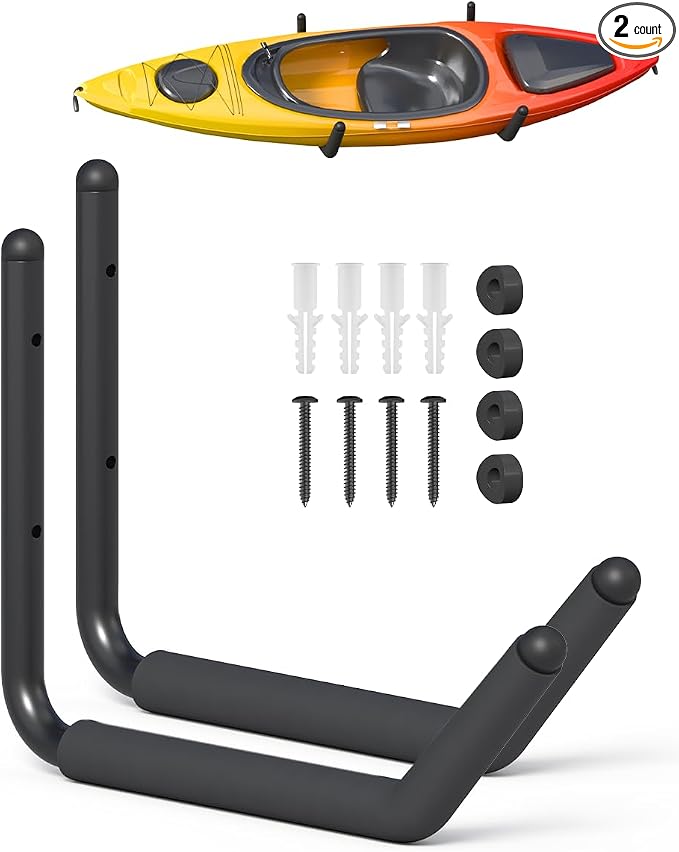 Heavy Duty Kayak Storage Rack with EVA Foam & Rubber Bushing, Wall Mount Kayak Hangers Large Hooks for Garage Hanger Canoe, Surfboard, Skiboard, Snowboard, Paddle Board, Ladders, Bike