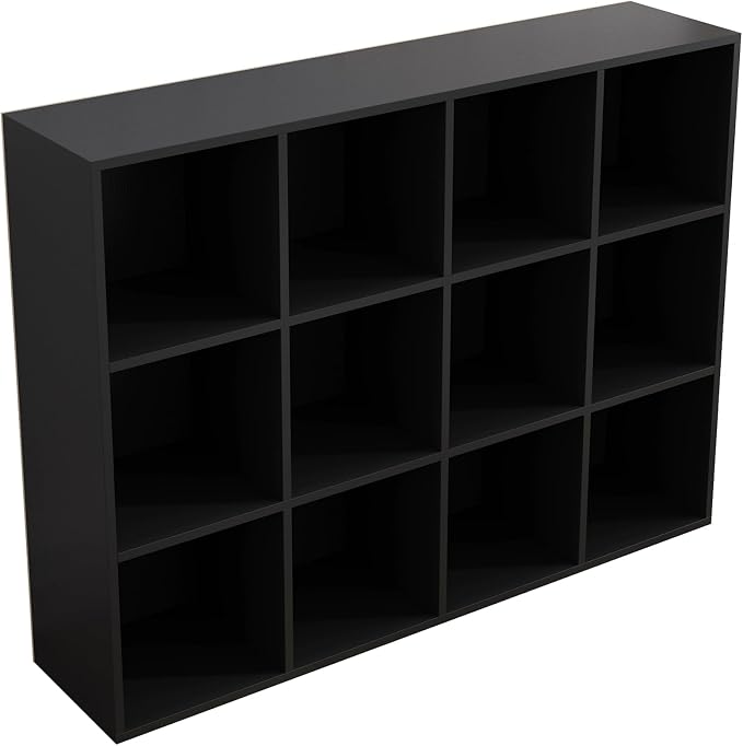 OSCHF 12-Cube Storage Shelf Bookcase, Black | Wooden 3-Tier Open Bookshelf, Fits 11×11" Bins, Vertical or Horizontal Use, Full Back Panels, For Home Office