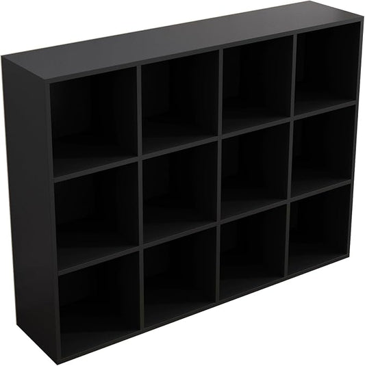 OSCHF 12-Cube Storage Shelf Bookcase, Black | Wooden 3-Tier Open Bookshelf, Fits 11×11" Bins, Vertical or Horizontal Use, Full Back Panels, For Home Office