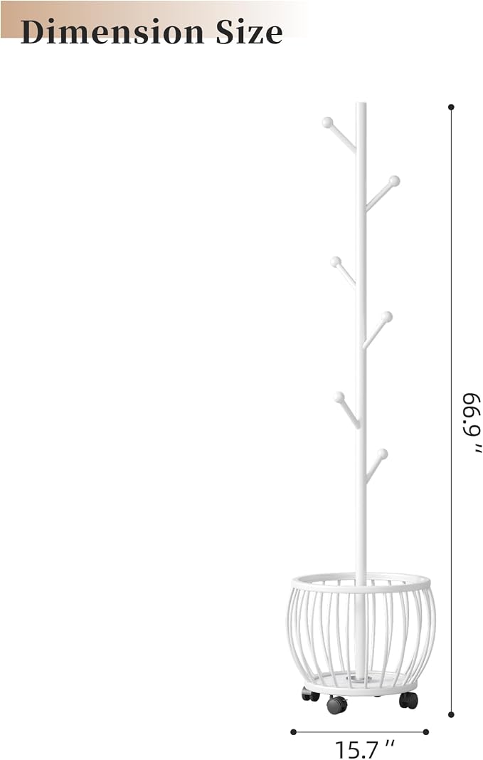 Coat Rack Freestanding Coat Stand with Basket 6 Hooks Wheels,White | Metal Coat Rack Stand Coat Tree for Home Entryway Bedroom Living Room Office Corner Modern Organizer for Scarf Jacket Hat Bag