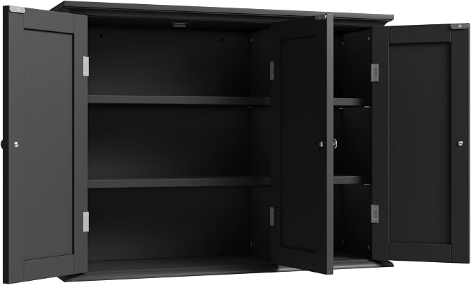 ChooChoo Laundry Cabinet with 3 Doors and Adjustable Shelves | 9.06"D x 31.1"W x 24"H, Bathroom Wall Cabinet, Cupboard, Black