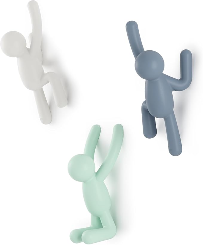 Umbra Buddy Wall Hooks, Wall Mount Coat Hooks, Set of 3, White/Mint/Blue | Easy install with hardware, holds 5lbs per hook, entryway bedroom bathroom dorm, playful hanging storage, recycled plastic