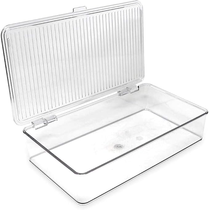 Isaac Jacobs Small Stackable Organizer Bin (10.75” x 6.5” x 2.4”) w Hinged Lid Clear Storage Box Home Office School Fridge Bathroom Kitchen Pantry Container BPAFree Food Safe (Small Clear) (Pack of 2)