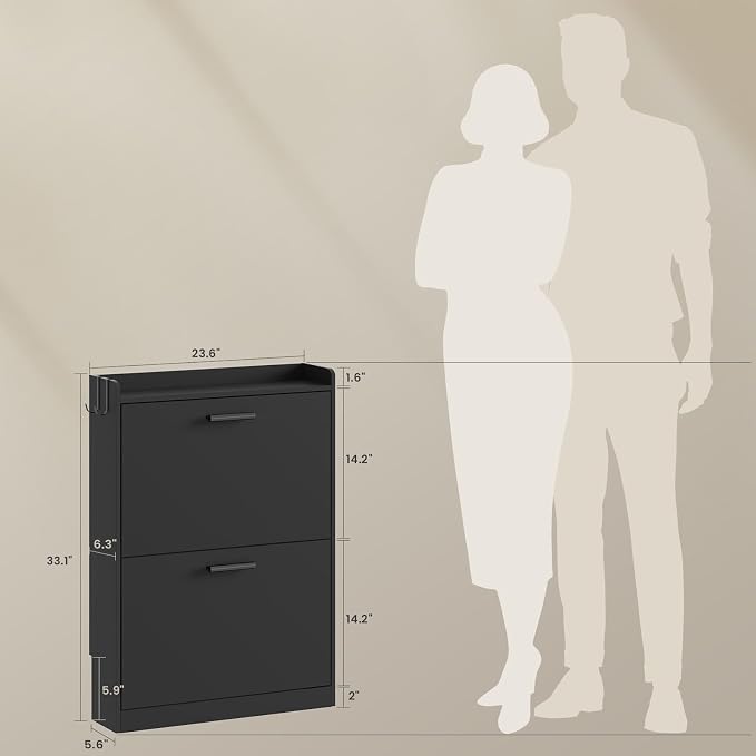 Shoe Cabinet Organizer with 2 Flip Drawers,Narrow Shoe Rack 23.6" W White | Freestanding shoe storage cabinet for entryway,foyer and hallway,slim design and space-saving flip drawers