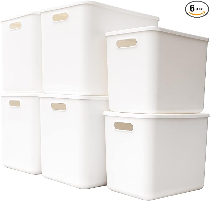 Yishyfier Plastic Storage Baskets Bins Boxes With Lids,Organizing Container White Storage Organizer Bins For Shelves Drawers Desktop Playroom Classroom Office,6-Pack(4XL+2L)