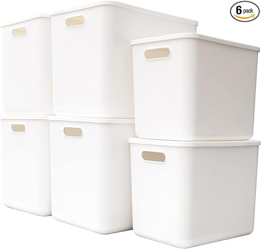 Yishyfier Plastic Storage Baskets Bins Boxes With Lids,Organizing Container White Storage Organizer Bins For Shelves Drawers Desktop Playroom Classroom Office,6-Pack(4XL+2L)