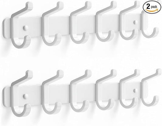pickpiff Coat Rack Wall Mounted Heavy-Duty: Metal Coat Hanger 6 Hooks for Hanging Hat, Clothes, Robe, Keys, Backpack, Bathroom Towels, Jacket, Purse - Closet, Door, Entryway, Mudroom (White, 2 Pack)