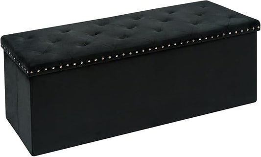 Velvet Storage Ottoman Bench, 43.3" Upholstered Tufted Ottoman with Storage, Folding Footrest Bench for Bedroom, Living Room, or Entryway, Black