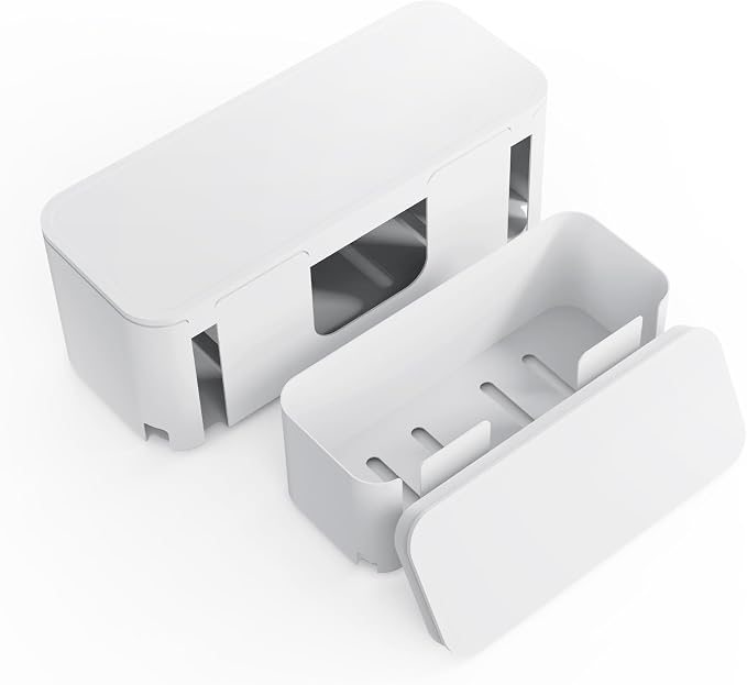 Cord Organizer Box, Cable Hider for Power Strips, Surge Protector, Extension Cord and Wire Management, Cable Management Box (2PCS/Large and Medium Size/White)