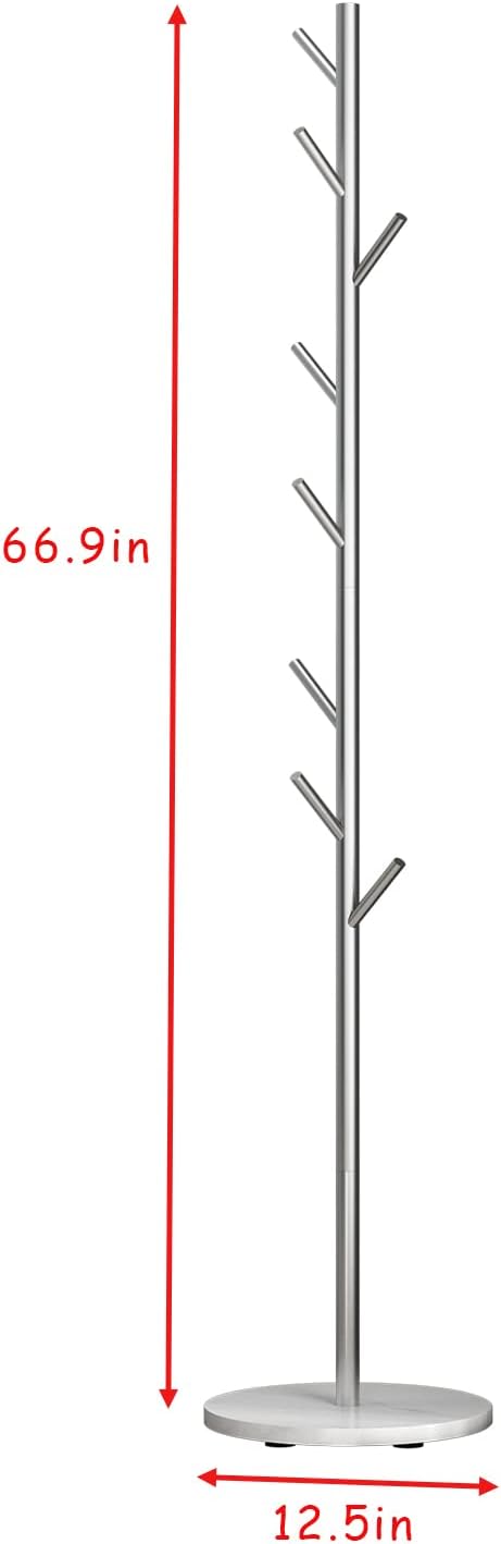 Silver Coat Racks with 8 Hooks, Branches Coat Tree Entryway, Freestanding | Modern Hat Rack, Easy to Assemble, Heavy Stable Marble Base