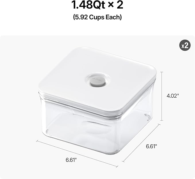 VAKUEN Premium Airtight Food Storage Containers, Square 2PC/Set(1.48qt/1.5Lx2pcs), Smart One-Click Seal Lid, No Hinges, 100% Leak Proof, BPA-FREE, Dishwasher, Freezer & Microwave Safe